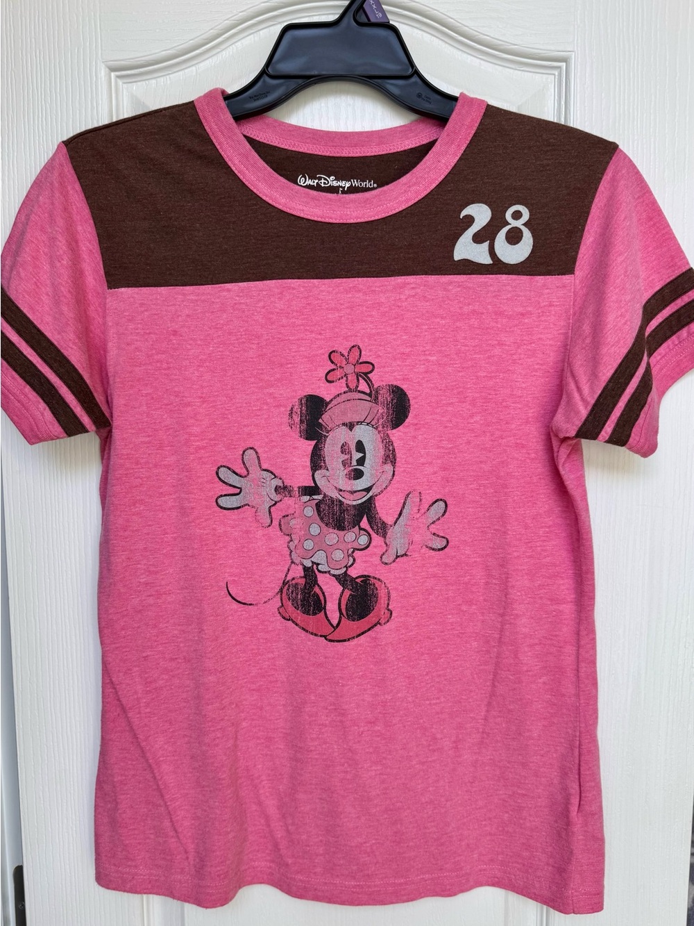 Ladies Disney Pink & Brown Minnie Mouse Ringer Fitted Tee-Large